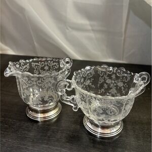 VINTAGE STERLING SILVER CAMBRIDGE CHANTILLY ETCHED GLASS CREAMER & SUGAR